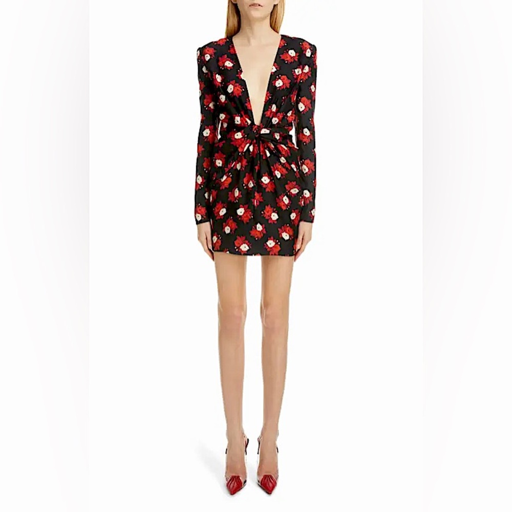 Saint Laurent Silk Mini Dress in Noir Rouge Craie